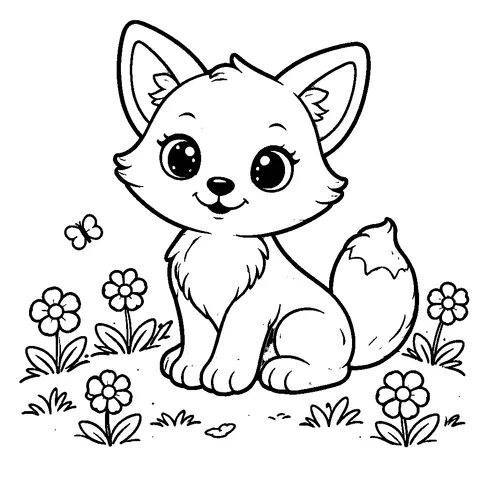 Fox Cub in Meadow, printable black and white coloring page