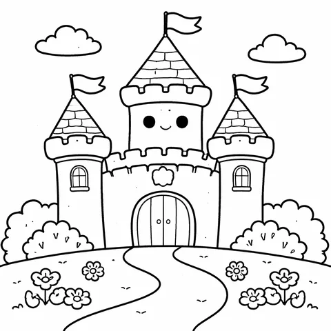 Friendly Castle, printable black and white coloring page