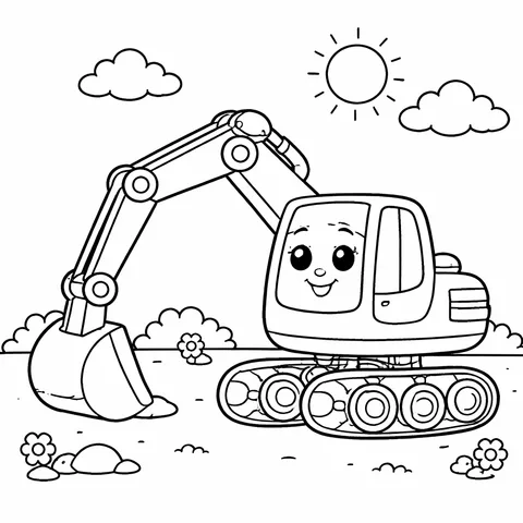 Friendly Excavator, printable black and white coloring page