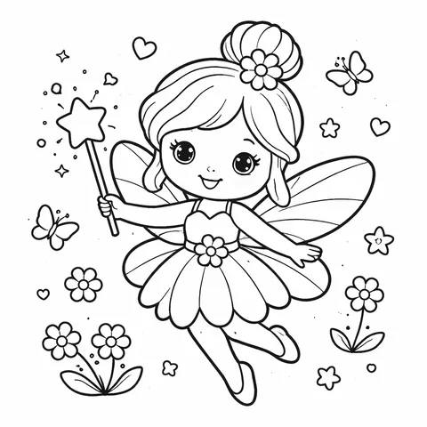 Friendly Fairy, printable black and white coloring page