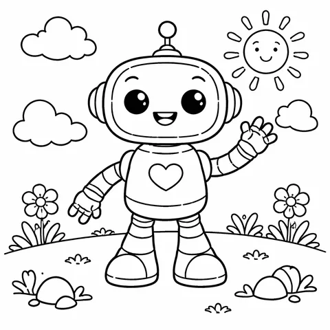 Friendly Robot, printable black and white coloring page