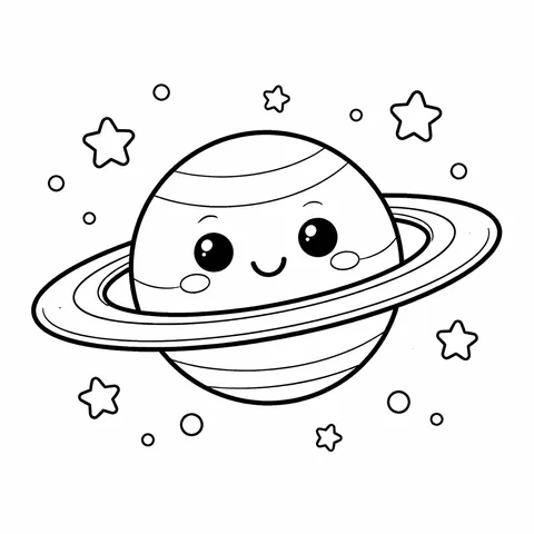 Friendly Saturn, printable black and white coloring page