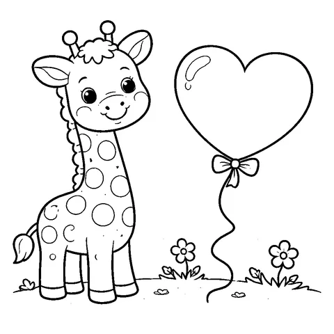 Giraffe with Heart, printable black and white coloring page