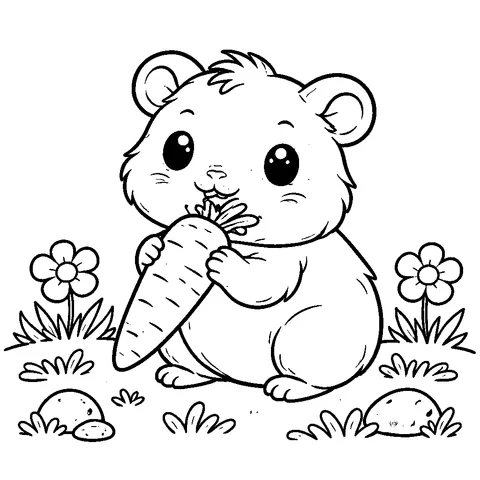 Guinea Pig with Carrot, printable black and white coloring page
