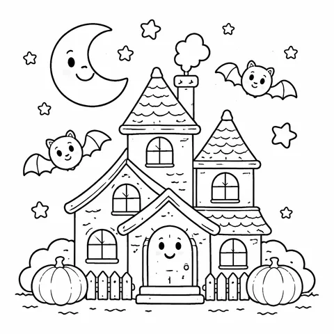 Haunted House Friendly, printable black and white coloring page