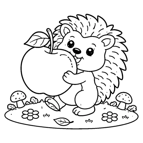 Hedgehog with Apple, printable black and white coloring page