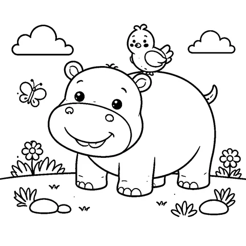 Hippo with Bird, printable black and white coloring page