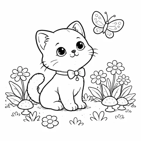 Kitten Chasing Butterfly, printable black and white coloring page