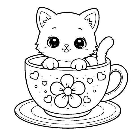 Kitten in Teacup, printable black and white coloring page
