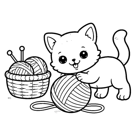 Yarn ile Oynayan Yavru Kedi, yazdırılabilir siyah beyaz boyama sayfası