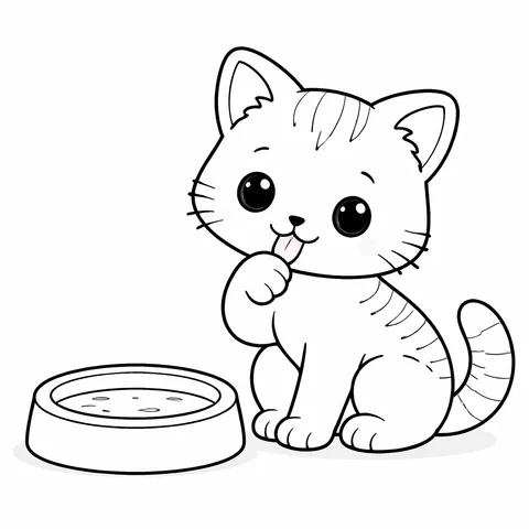 Paw Yıkayan Yavru Kedi, yazdırılabilir siyah beyaz boyama sayfası
