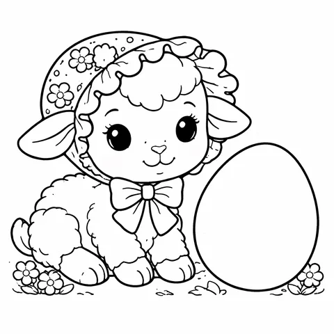 Lamb With Easter Bonnet, printable black and white coloring page