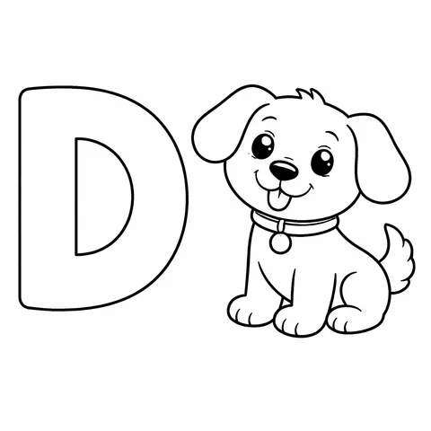 Letter D, printable black and white coloring page