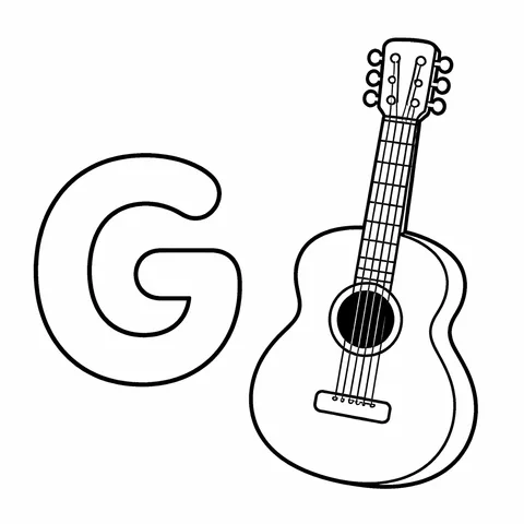 G Harfi: Gitar, yazdırılabilir siyah beyaz boyama sayfası