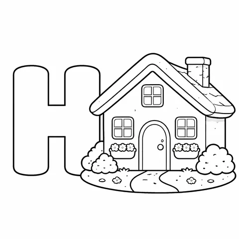 H Harfi Evi, yazdırılabilir siyah beyaz boyama sayfası