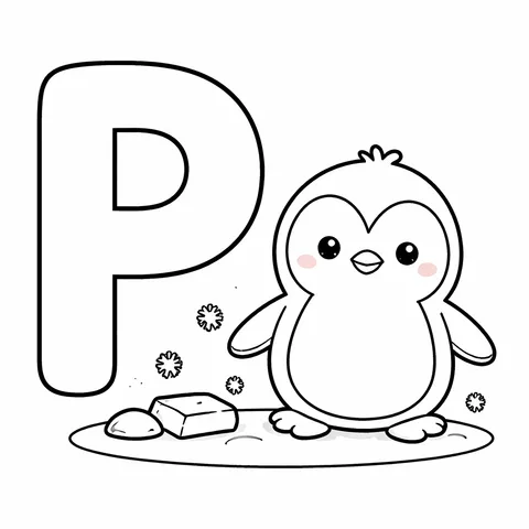 Letter P Penguin, printable black and white coloring page