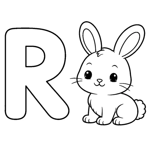 Letter R Rabbit, printable black and white coloring page