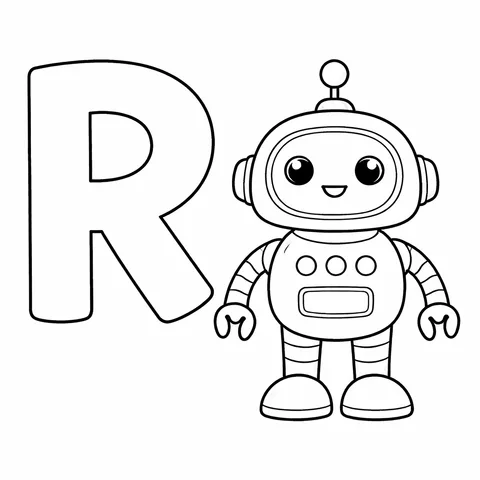 R Harfi: Robot, yazdırılabilir siyah beyaz boyama sayfası