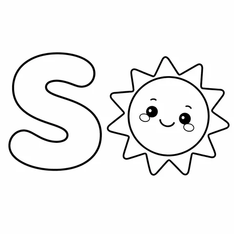 Letter S Sun, printable black and white coloring page