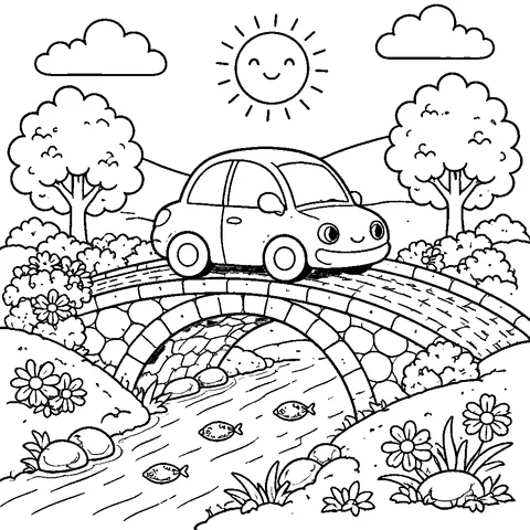 Little Car On Bridge, printable black and white coloring page