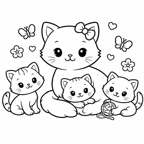 Mom Cat with Kittens, printable black and white coloring page