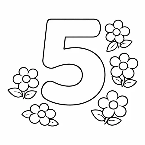 Number 5, printable black and white coloring page