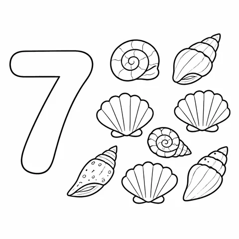 7 Deniz Kabuğu, yazdırılabilir siyah beyaz boyama sayfası