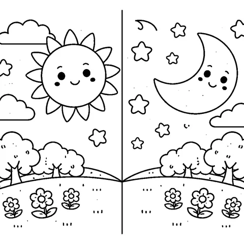 Day and Night, printable black and white coloring page