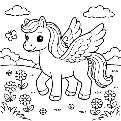 Pegasus in Meadow, printable black and white coloring page