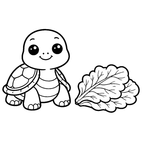 Pet Turtle with Lettuce, printable black and white coloring page