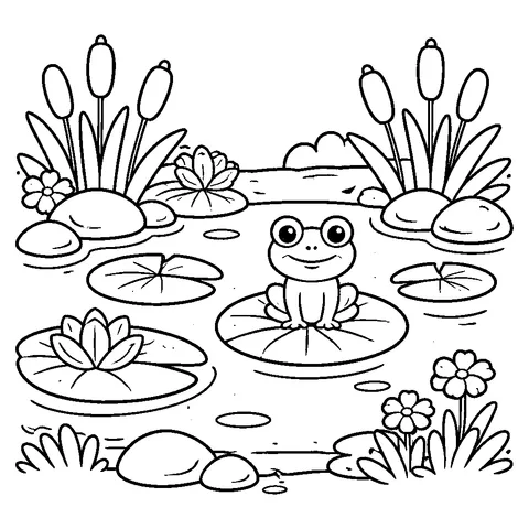 Pond with Reeds, printable black and white coloring page