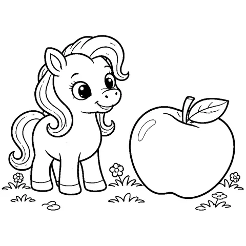 Pony with Apple, printable black and white coloring page