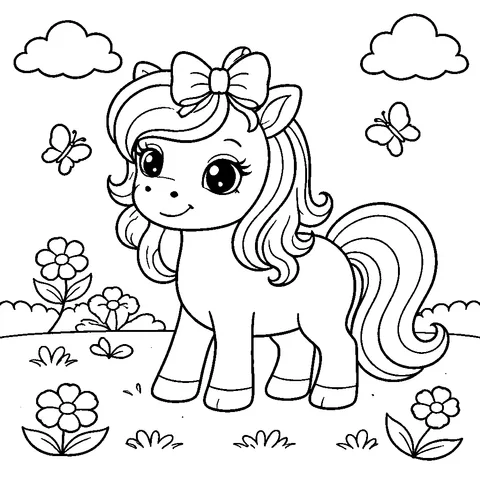 Pony with Ribbon, printable black and white coloring page