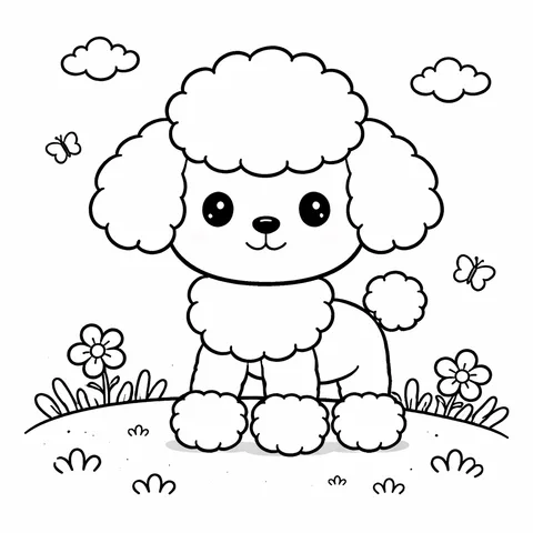 Fluffy Poodle, printable black and white coloring page