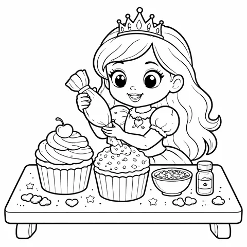 Princess Baking Cupcakes, printable black and white coloring page