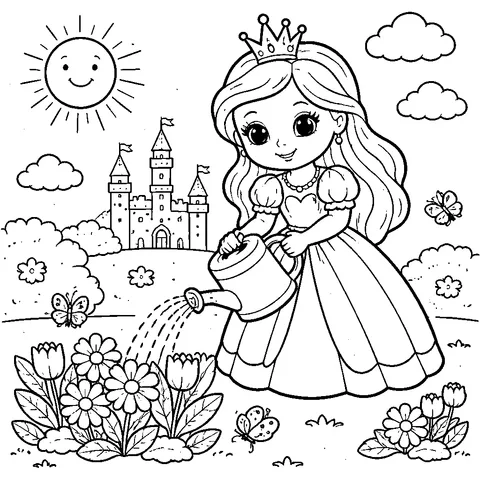 Princess Garden, printable black and white coloring page