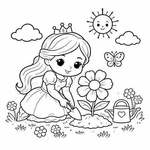 Princess Planting Flowers, printable black and white coloring page