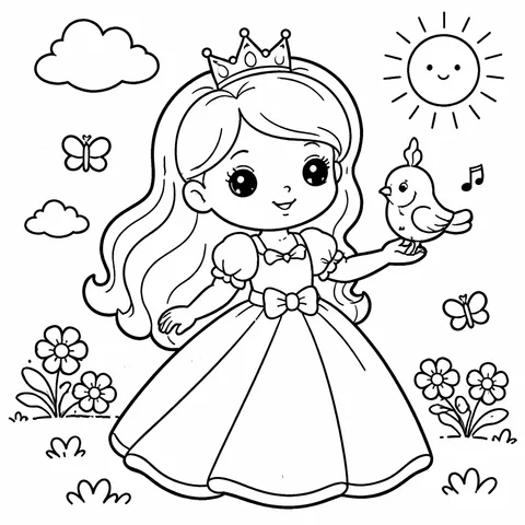 Princess with a Bird, printable black and white coloring page