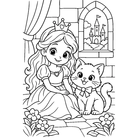Princess with a Cat, printable black and white coloring page