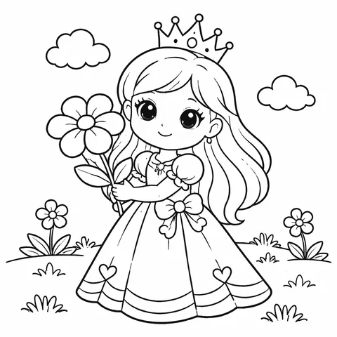 Princess with a Flower, printable black and white coloring page