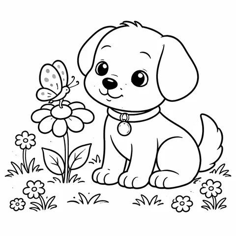 Puppy And Butterfly, printable black and white coloring page
