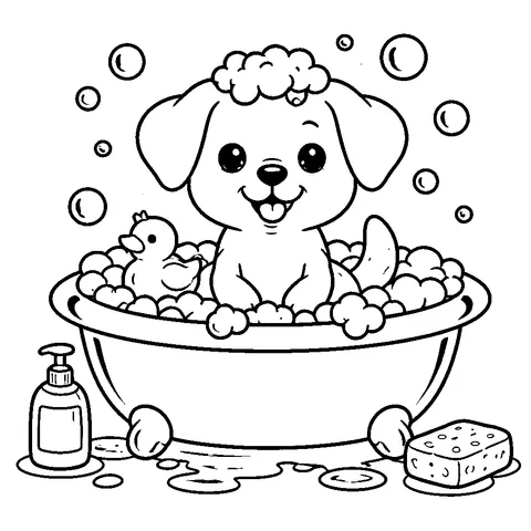 Puppy Bath Time, printable black and white coloring page