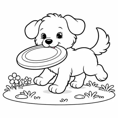 Puppy Fetching Frisbee, printable black and white coloring page