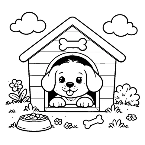 Puppy in Doghouse, printable black and white coloring page