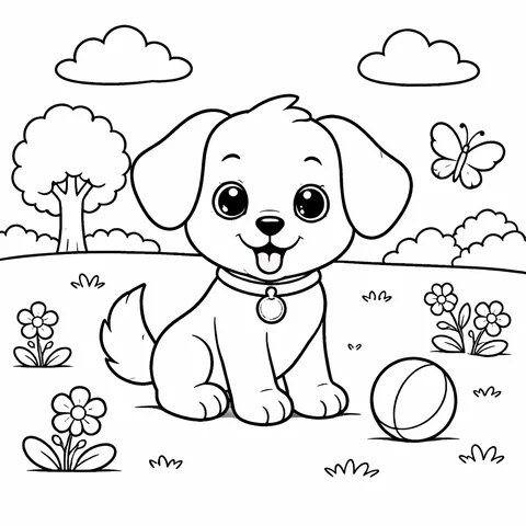 Puppy in the Park, printable black and white coloring page