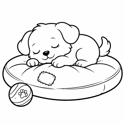 Puppy On Pillow, printable black and white coloring page