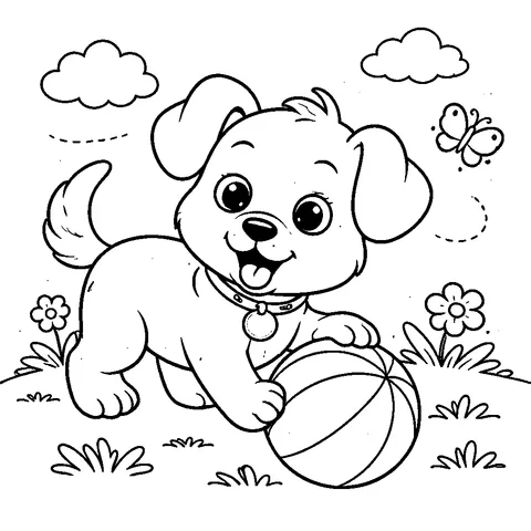 Puppy with Ball, printable black and white coloring page