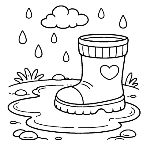 Rain Boot with Puddle, printable black and white coloring page