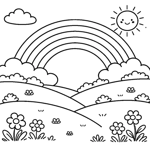 Rainbow over Hills, printable black and white coloring page