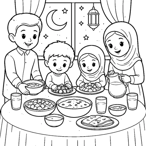 Ramazan İftar Sofrası, yazdırılabilir siyah beyaz boyama sayfası